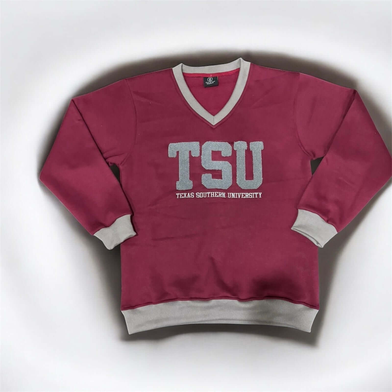 TEXAS SOUTHERN UNIVERSITY SWEATSHIRT in maroon with gray lettering and v-neck style.