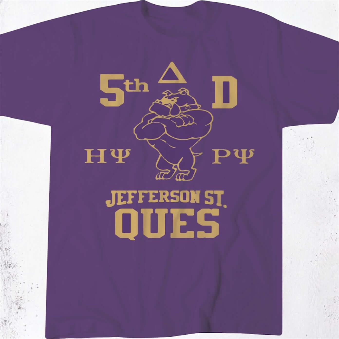 JEFFERSON STREET QUES 5th District T-Shirt featuring a purple design with bold graphics and Greek letters.
