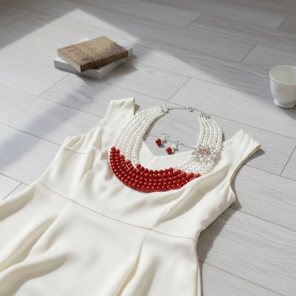 Luxe Red White Pearl Delta Soror Necklace Set