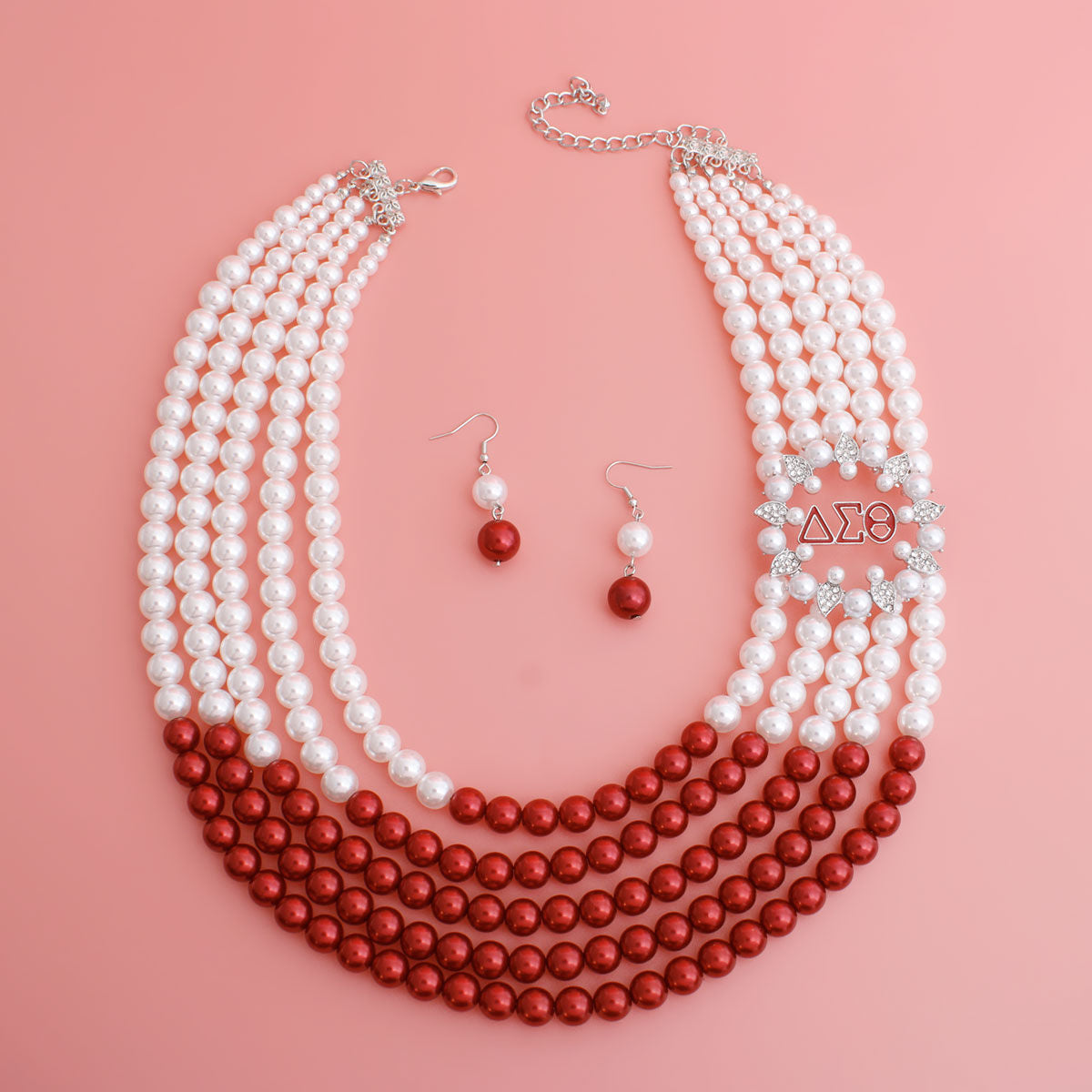 Luxe Red White Pearl Delta Soror Necklace Set