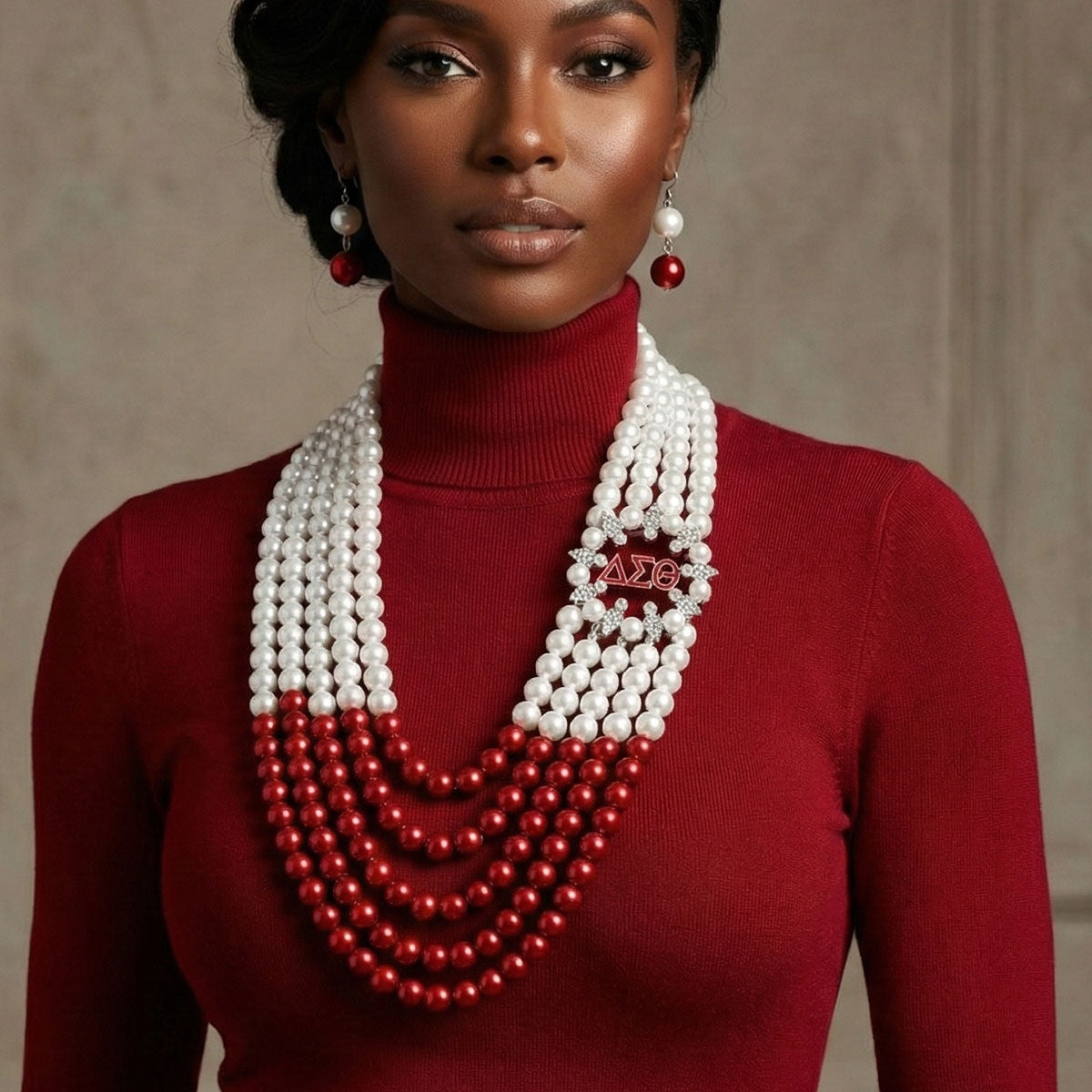 Luxe Red White Pearl Delta Soror Necklace Set