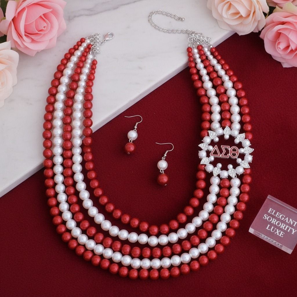 DST Necklace Red White Pearl Soror Set