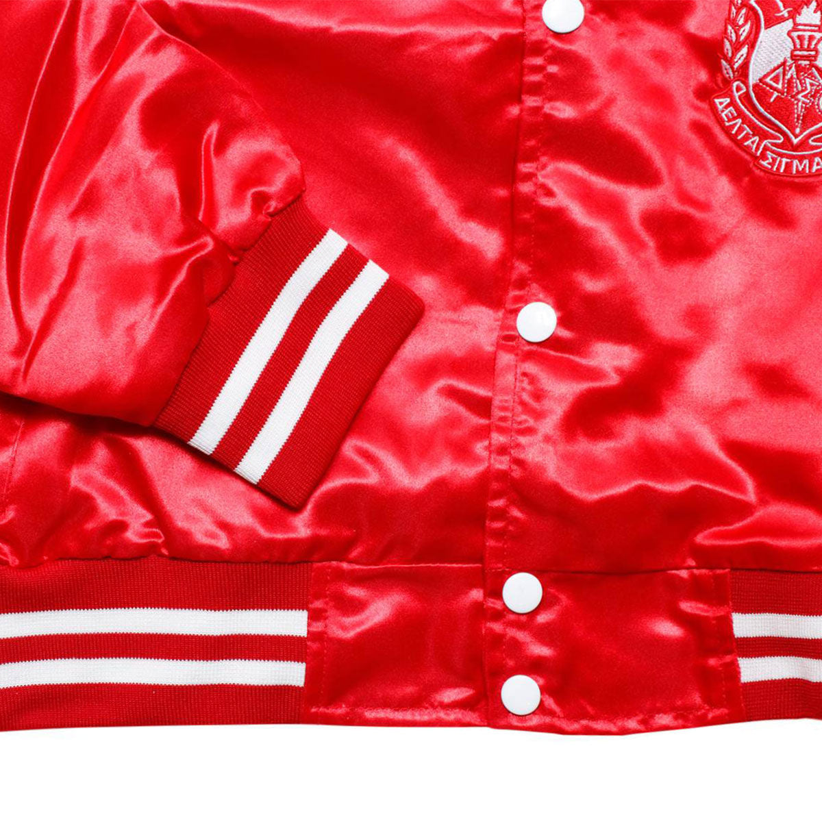 DST Greek Apparel L Cropped Satin Varsity Jacket