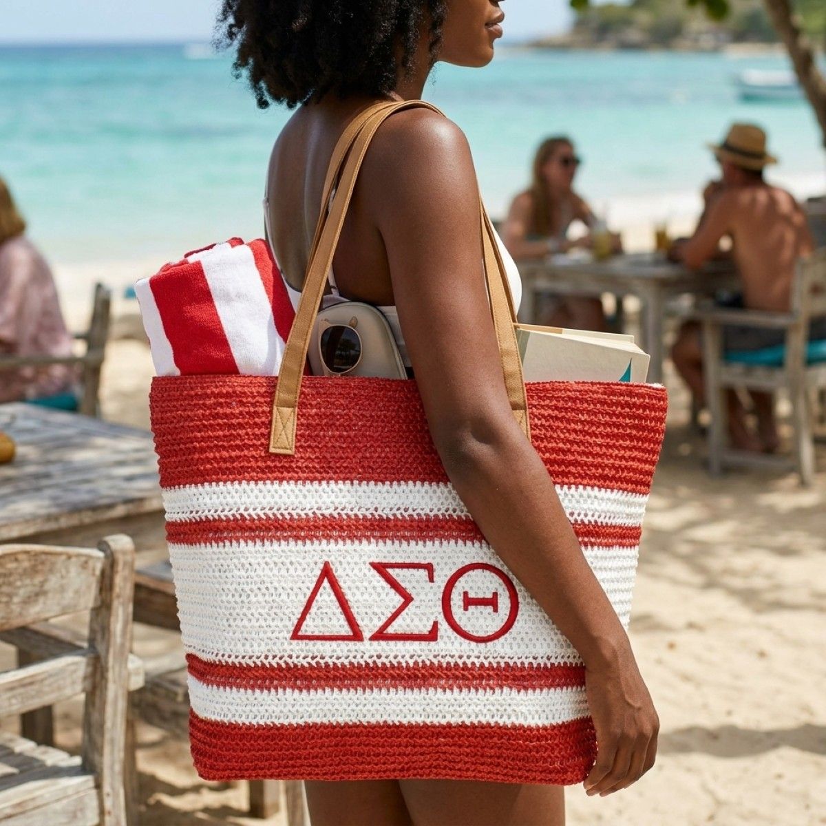 DST Faded Red Raffia Embroidered Beach Tote Bag