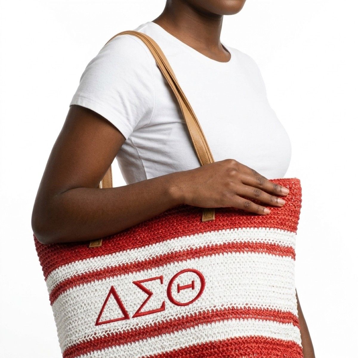 DST Faded Red Raffia Embroidered Beach Tote Bag