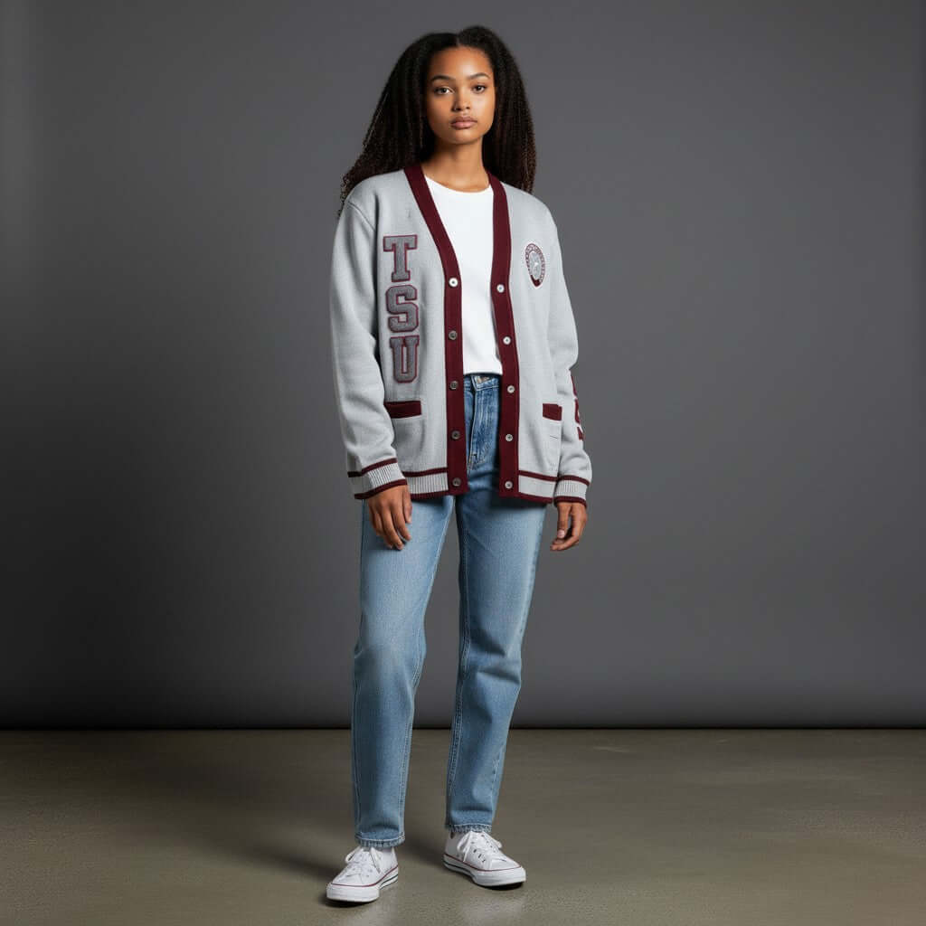 TEXAS SOUTHERN UNIVERSITY CARDIGAN SWEATER worn by a model in a stylish outfit featuring the TSU logo.