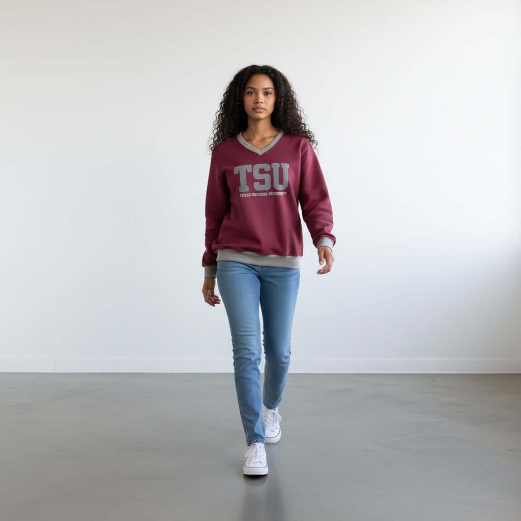 Model wearing TEXAS SOUTHERN UNIVERSITY SWEATSHIRT in maroon with jeans and sneakers, walking in a minimalist space.