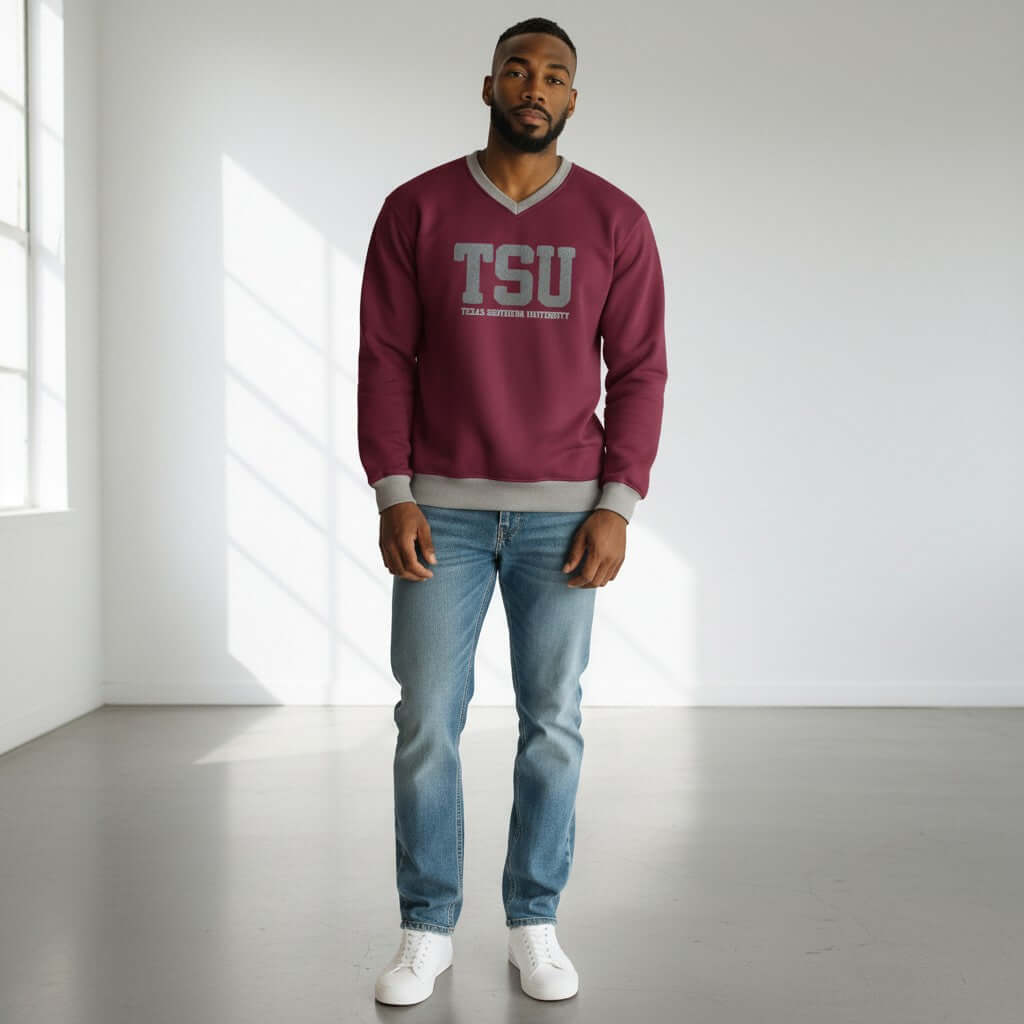 TEXAS SOUTHERN UNIVERSITY SWEATSHIRT worn by a man, featuring TSU logo in maroon color, casual outfit.