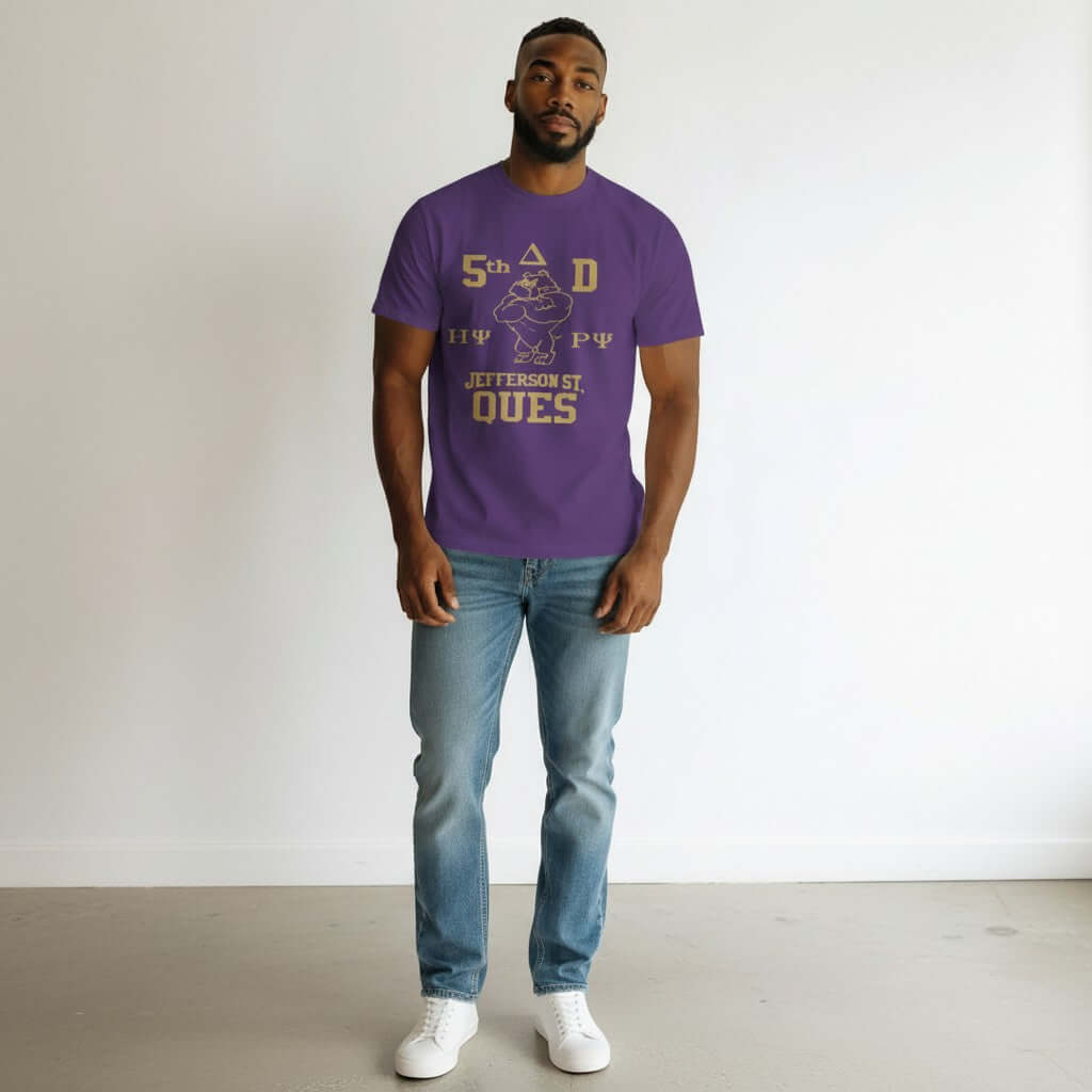 A model wearing the JEFFERSON STREET QUES 5th District T-Shirt in purple, featuring unique graphics and comfortable fit.