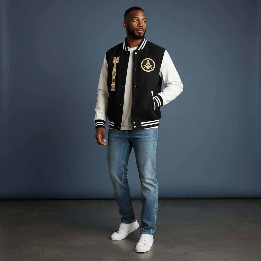 Man wearing Mason Coat, a stylish black and white varsity jacket with emblem, paired with jeans and sneakers.