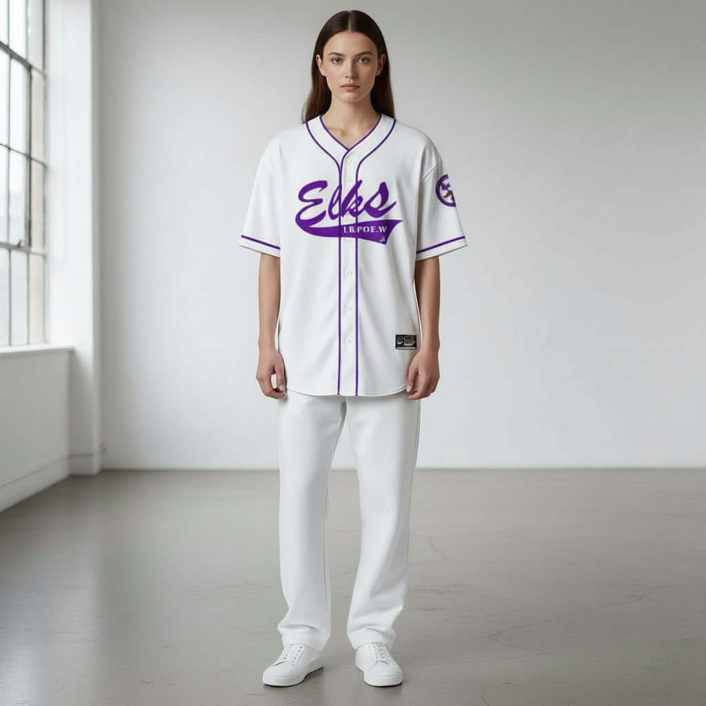 Model wearing ELKS BASEBALL JERSEY in unisex sizes with a modern design and vibrant colors.