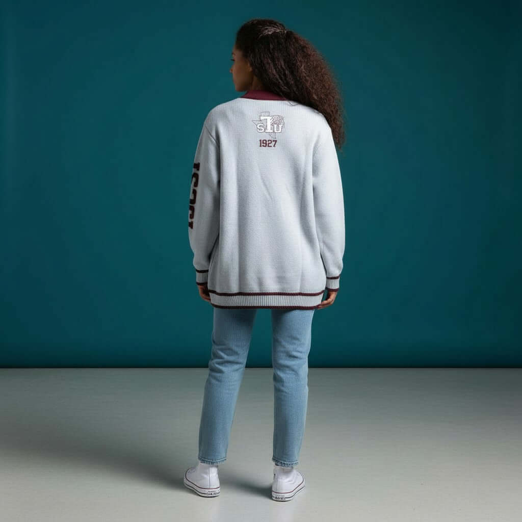 Woman wearing a TEXAS SOUTHERN UNIVERSITY CARDIGAN SWEATER displaying the school's logo on the back.